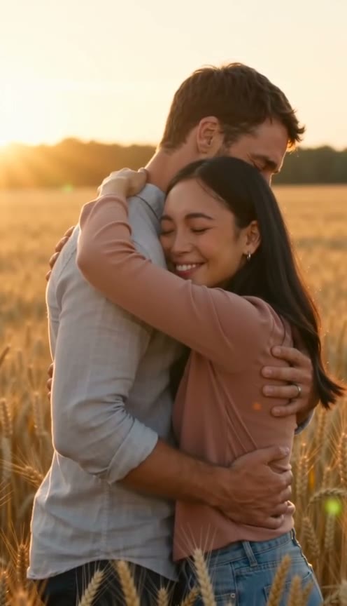 The couple embrace in a golden field at the end of a Human & Zombie test video.