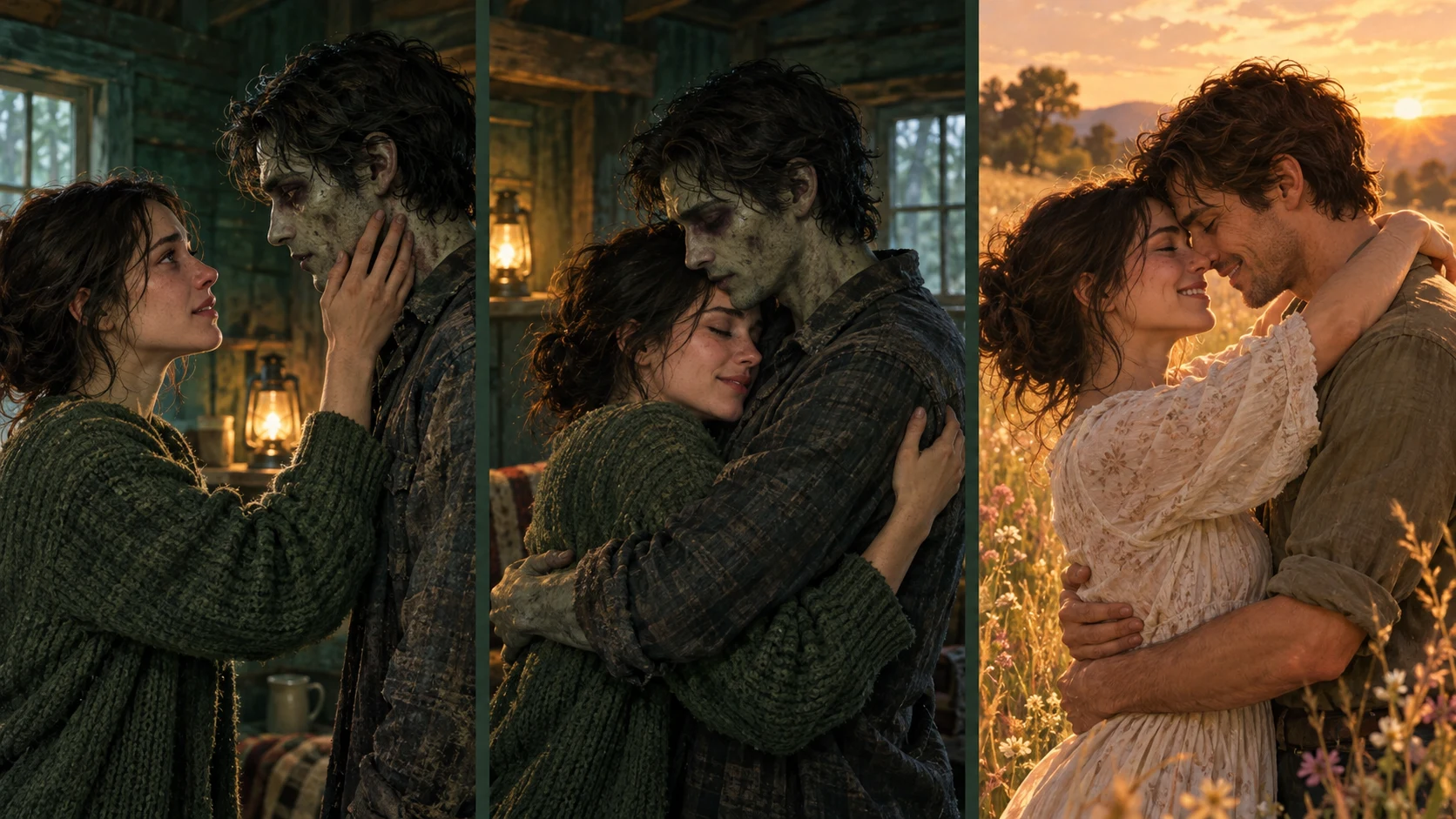 An illustrated triptych moves from a cabin reunion and embrace to a warm human memory.