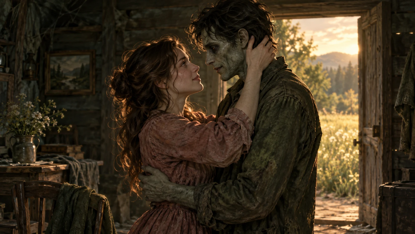 An adult human and her zombie partner reunite in a cabin, with a sunlit meadow through the doorway.