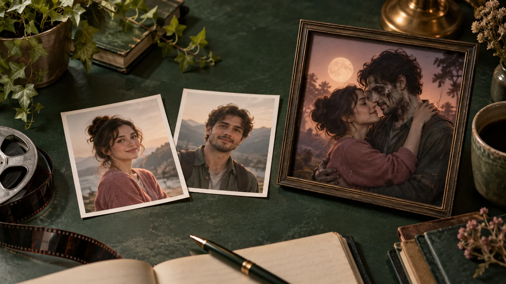 Two illustrated portrait prints beside a framed concept of the couple in a zombie love story.